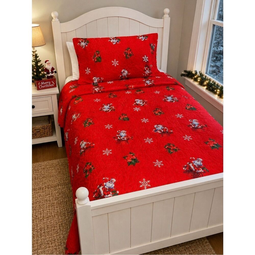 Jessy Home Red Santa Claus Christmas Bedspread Quilt Twin Pillow Shams 68 x 86 n